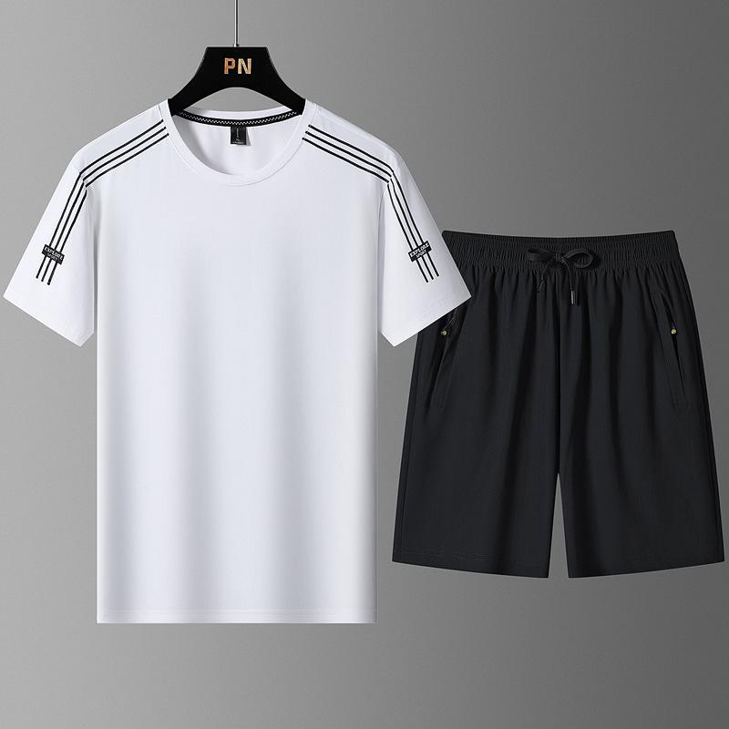 Очень большой летний спортивный костюм мужской ледяной шелк тонкий с коротким рукавом мужские шорты быстросохнущий красивый комплект из двух предметов