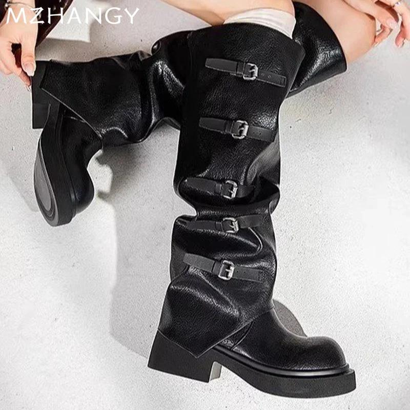 Модные женские сапоги на среднем каблуке, дизайнерские кожаные массивные туфли, женские, тренд 2024 года, новые ботинки челси, туфли-лодочки, зимние готические женские снежные ботинки