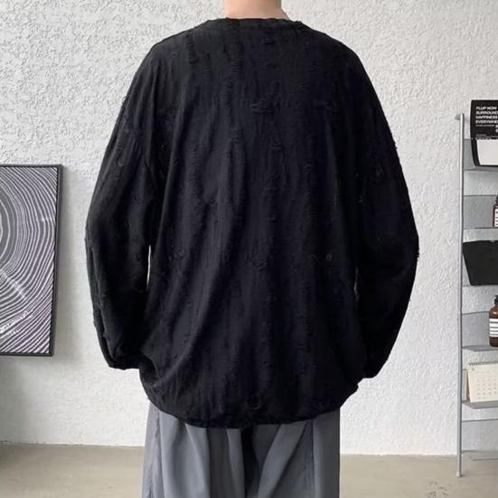 Мужская футболка с круглым вырезом, длинным рукавом, рваными отверстиями, однотонный джемпер, топы в уличном стиле, базовый слой, уличные топы