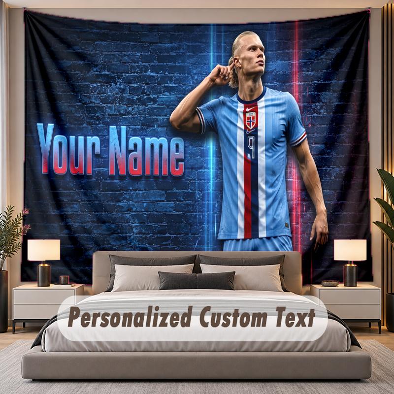 Custom Name Text Tapestry Erling Haaland Personalized Polyester Wall Tapestry For Bedroom And Room