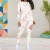 Women Plus Size Round Neck Long Sleeve Printed Floral Plaid Two Piece Pants Set