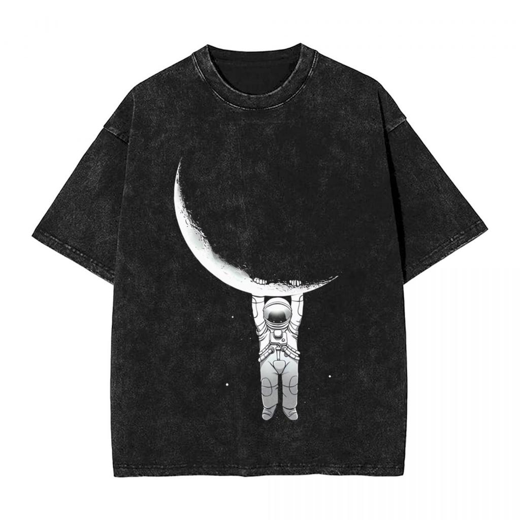 Astronauts Cherish The Lunar Environment Moon woman Men Washed Hot stamping Print TShirt Cotton Tshirt Summer Short Sleeve Tee