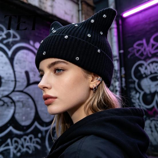 Warm Winter Gift for Her Cat Ear Hat Women Girls, Striped Slouchy Crochet Headgear Retro Style with Shiny Rhinestones, Cute Knitted Cap Fashionable