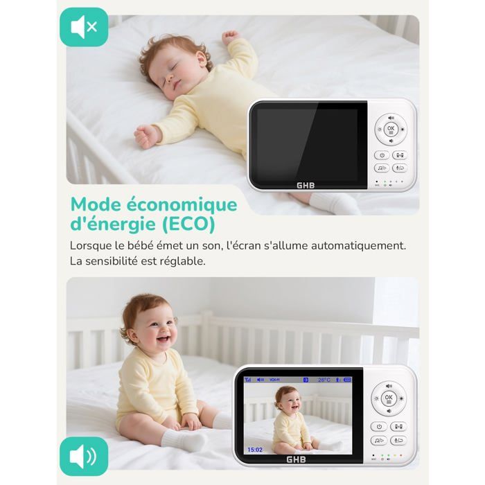 GHB Babyphone Caméra 3,2'' LCD, 2100mAh, Température, Vision Nocturne, Zoom &amp; Audio Bidirectionnel