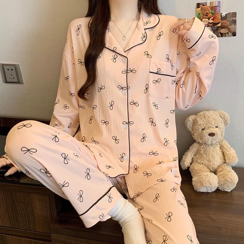 Japanese fashion casual pajamas women's spring and autumn new wrinkled cloth long-sleeved trousers sweet striped loungewear