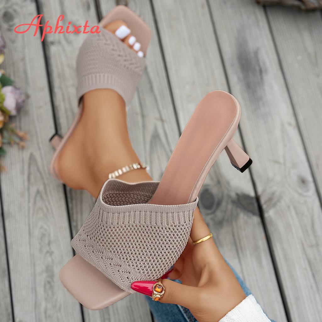 Fashion Aphixta Women 7CM High Heels Mules Woman Slides Stretch Fabric Fashion Slippers For Women Summer Shoes Woman 2025 Trend Shoes