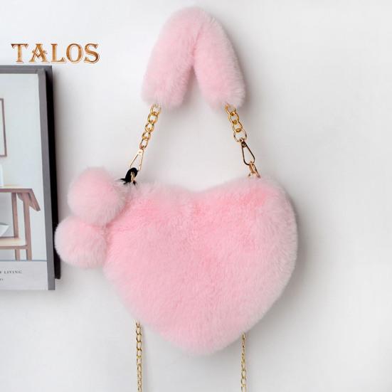 Женская сумка через плечо, однотонная, с пушистым искусственным мехом, в форме сердца, с застежкой-молнией на полой цепочке, женская зимняя сумка для путешествий, поездок на работу, свиданий