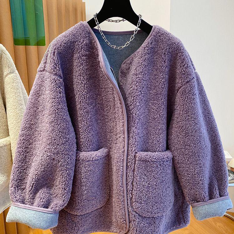 Advanced Sense Purple Lamb Fur Coat Women Autumn Winter Loose Thickened Leather Fur Integrated Lamb Wool Top