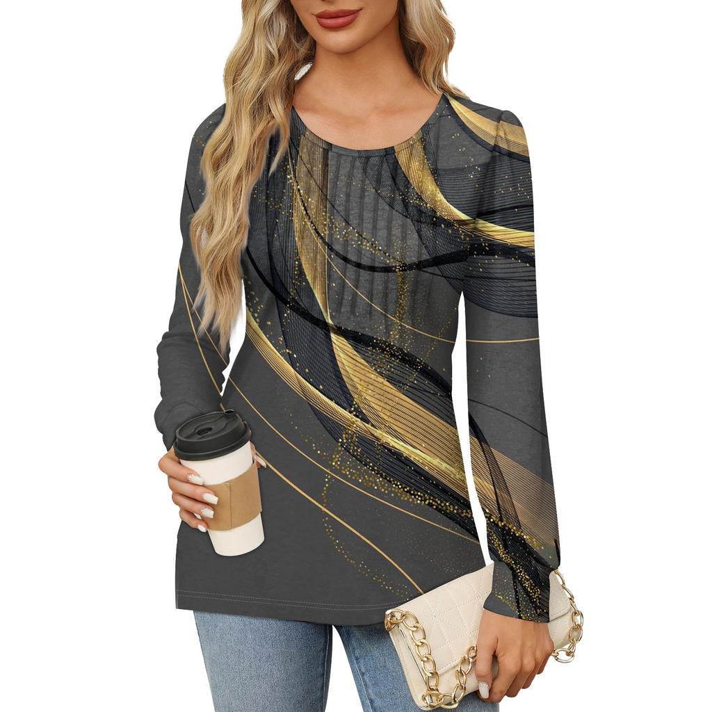 Женская повседневная плиссированная футболка с круглым вырезом и длинными рукавами с принтом