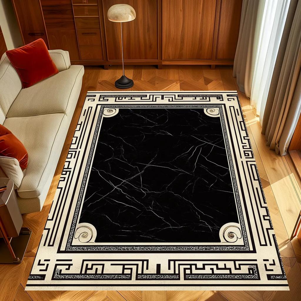 Black and Gold Greek Motif Rug Marble Pattern Carpet Anti-slip Floor Mat Suitable for Living Room Bedroom and Home Decoration