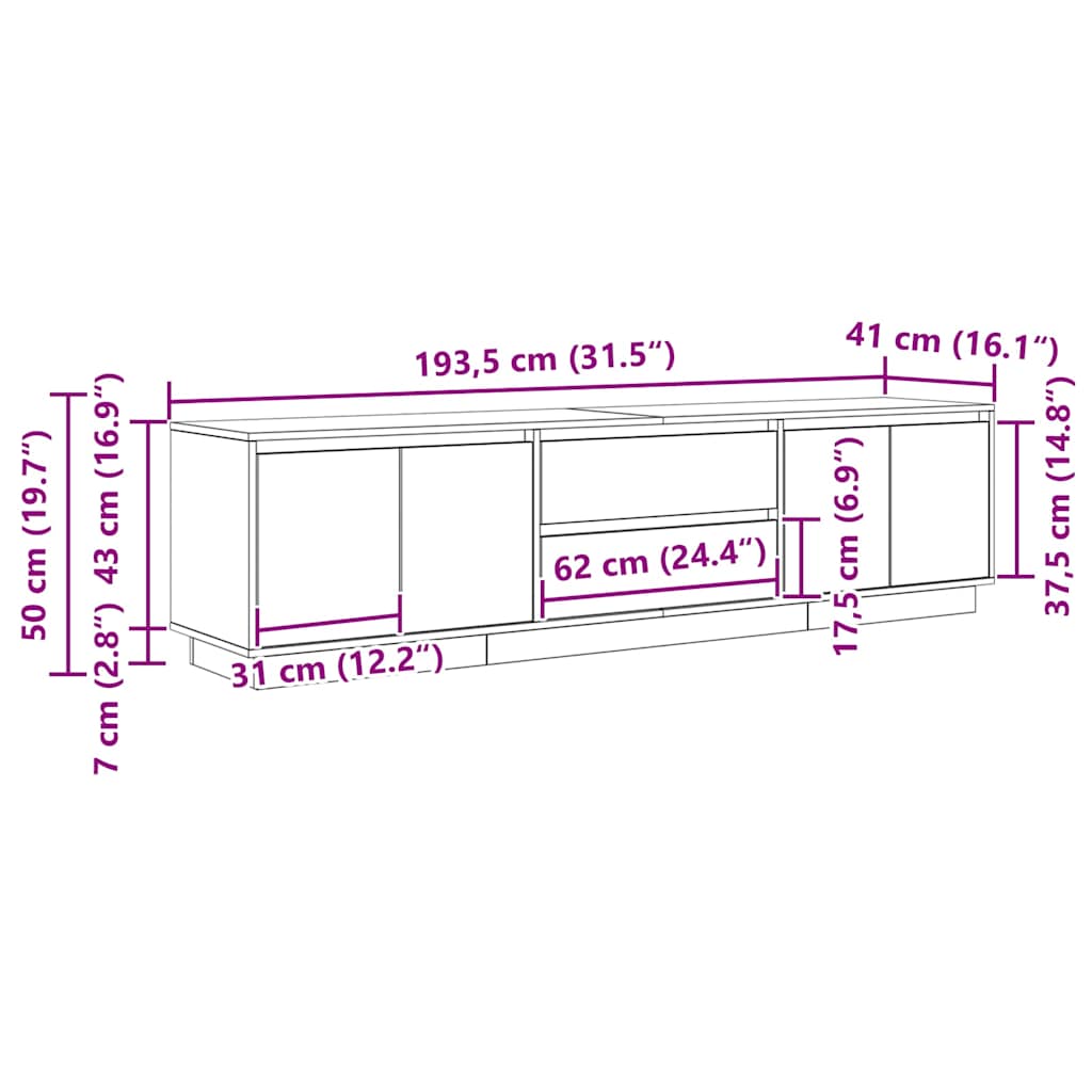 TV Stand with LED Lights Grey Sonoma 193.5x41x50 cm