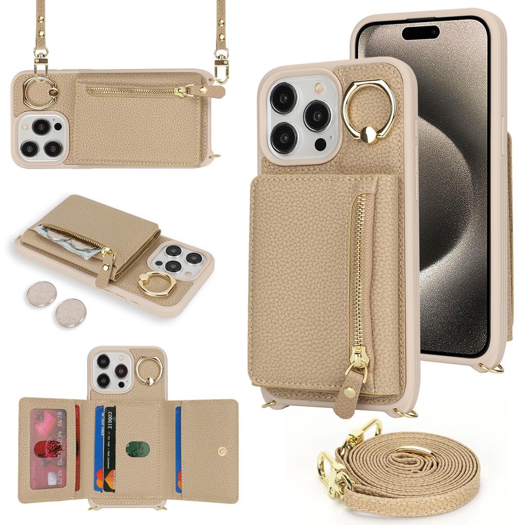 Чехол для iPhone 14 Pro с карманом для карт, кольцом-подставкой, из ПУ кожи+ТПУ, чехол для телефона с плечевым ремнем