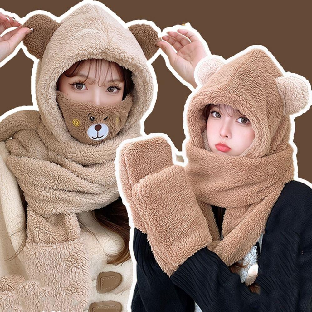 Флисовая шапка из ягненка с маской, медвежьи уши, защитный шарф, шапка-бомбер, зимние перчатки, женская плюшевая шапка