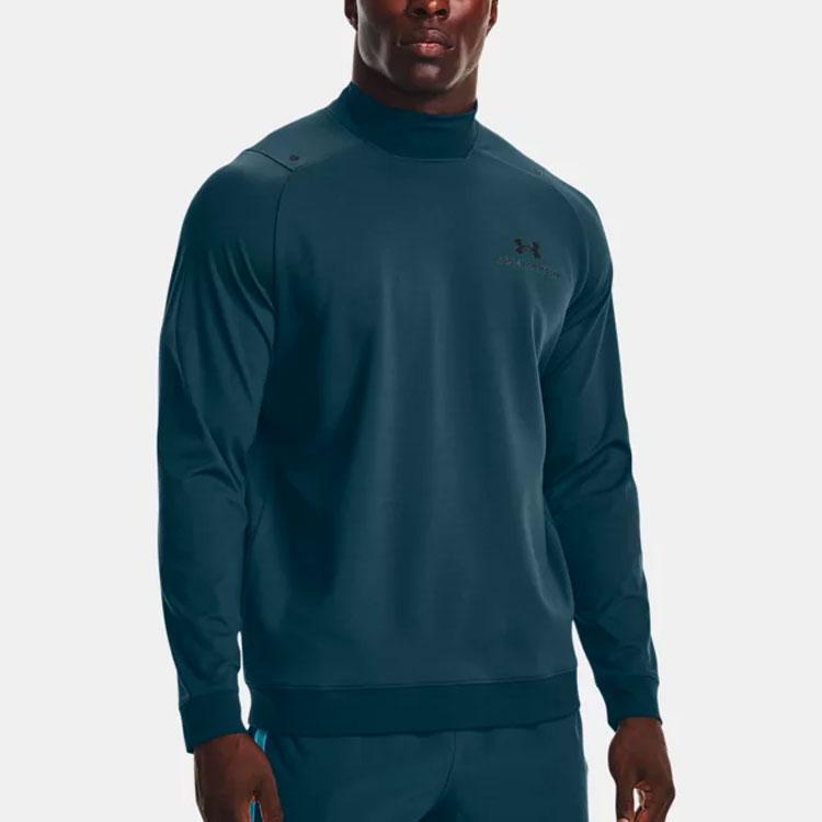 Under Armour Rush Logo High Neck Solid Color Sports T Shirt Men Tops Blue 1366168-413