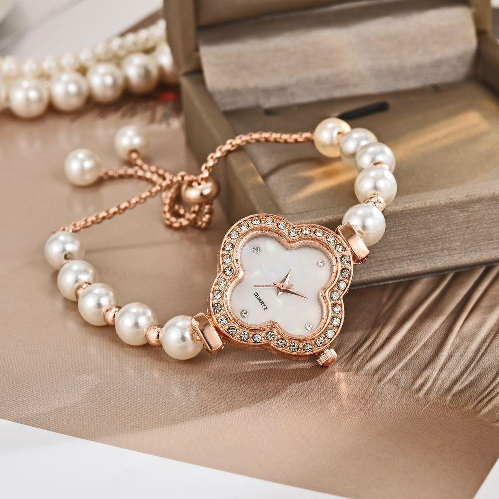 Clover Inlaid with Diamonds, Elegant Dial Decoration, Pearl Pull-out Bracelet, Quartz Watch, the Best Gift for Girls