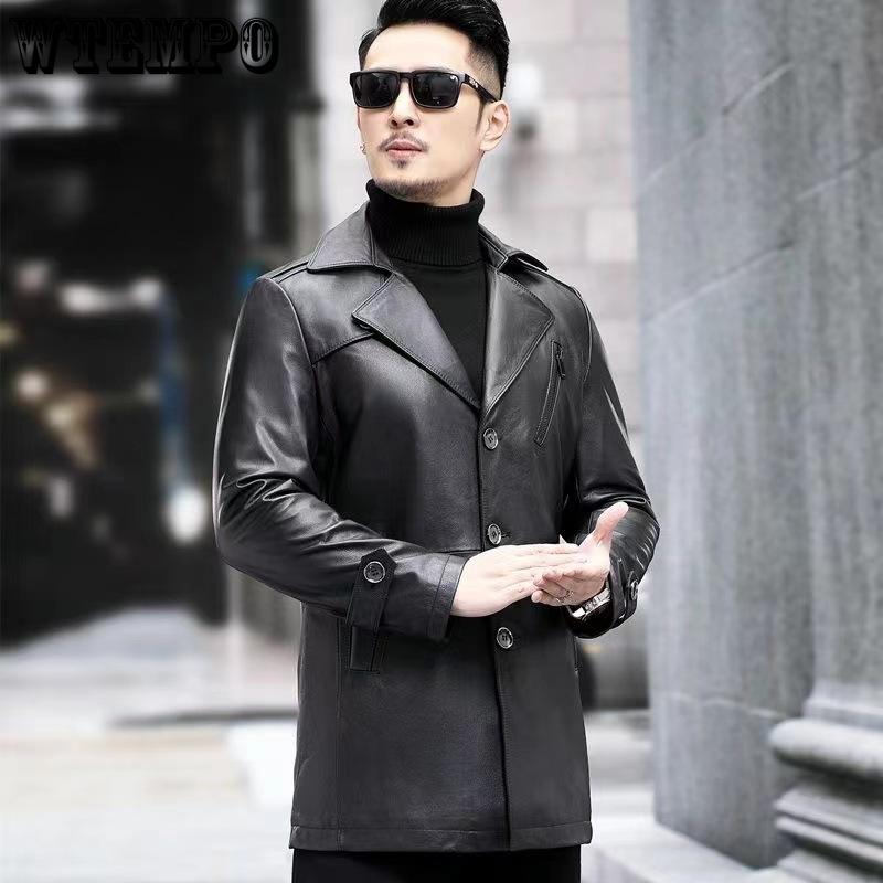 Зимние модели Кожаная куртка мужская средней длины с воротником из коровьей кожи Ветровка мужская утепленная и утолщенная кожаная куртка Внешняя часть