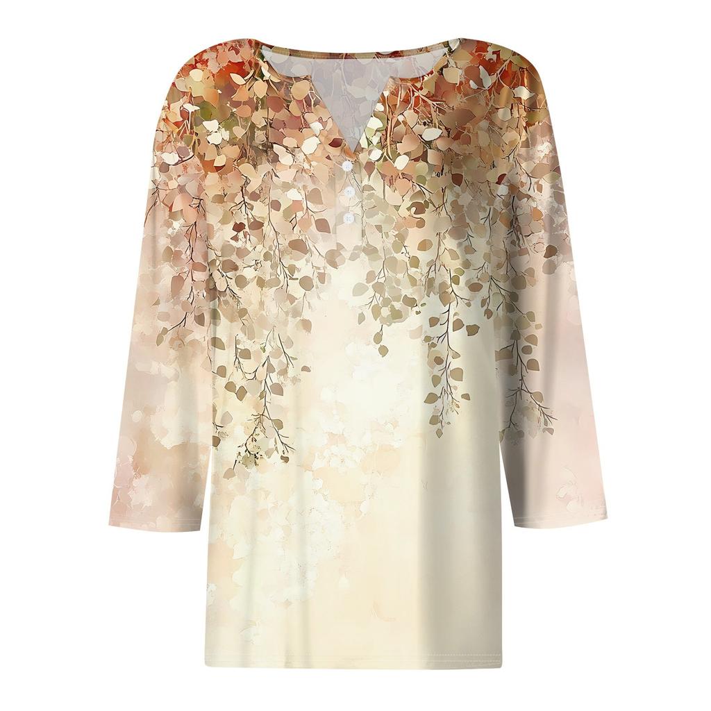 Women's T Shirt Print Button 3/4 Sleeve Daily Weekend Fashion Basic V- Neck Regular Top