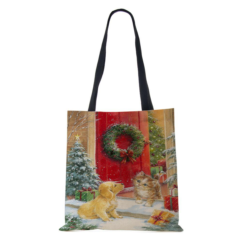 Рождественская елка Подарок Харадзюку Холщовая сумка-шоппер Рождественская собака Женская многоразовая сумка через плечо Большая вместимость Складная сумка для хранения KTY