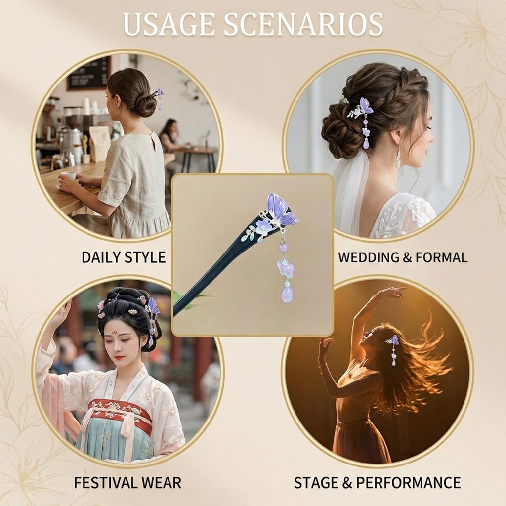 Wood-Hairpin For Women With Flower Butterfly Design Classical Tassel Hair Accessories Made Of Natural Woods
