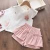 Girls' New Summer Outfit Stylish Children's Flying Sleeve Thin T-shirt Shorts Set