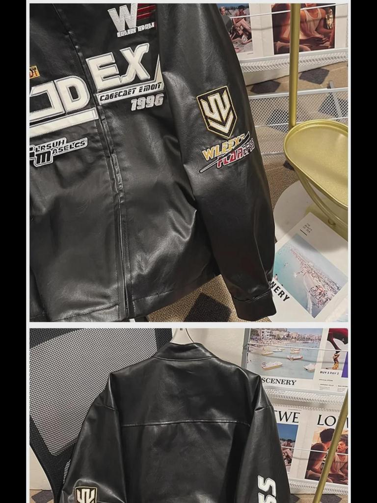 Мужская уличная кожаная куртка для мотоцикла с вышивкой - Американский гоночный костюм, воротник-стойка, мода High Street