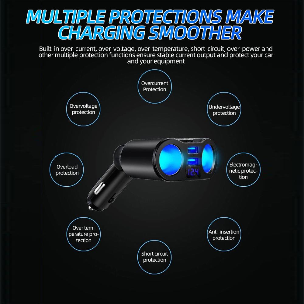 USB Car Charger 1-to-2 Cigarette Lighter Adapter with Dual USB 3.1A Ports, LED Voltage Display, Safety Protection, 12V/24V