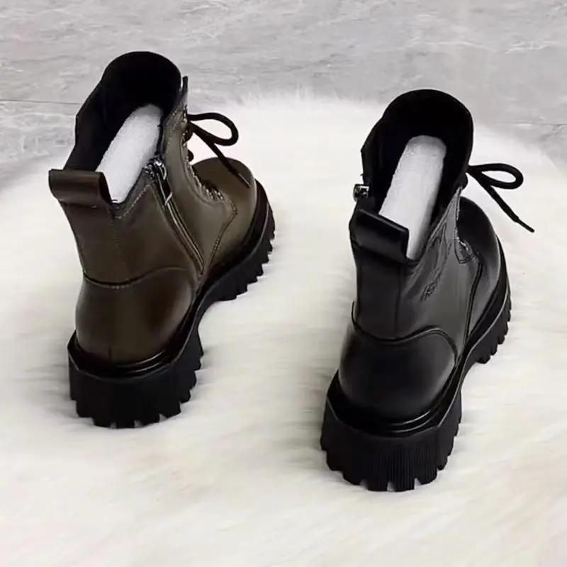 Женские ботильоны Высокое качество Повседневные Мягкая кожа Ботинок Плюшевые Теплые Зимние Ботинки Модные Мотоциклетные Ботинки На шнуровке Платформа Ботинок