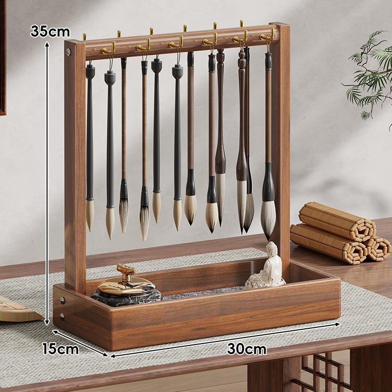 Solid Wood Calligraphy Brush Holder: Desktop Pen Rack with Scholar's Treasures Ornament and Metal Hook Design.