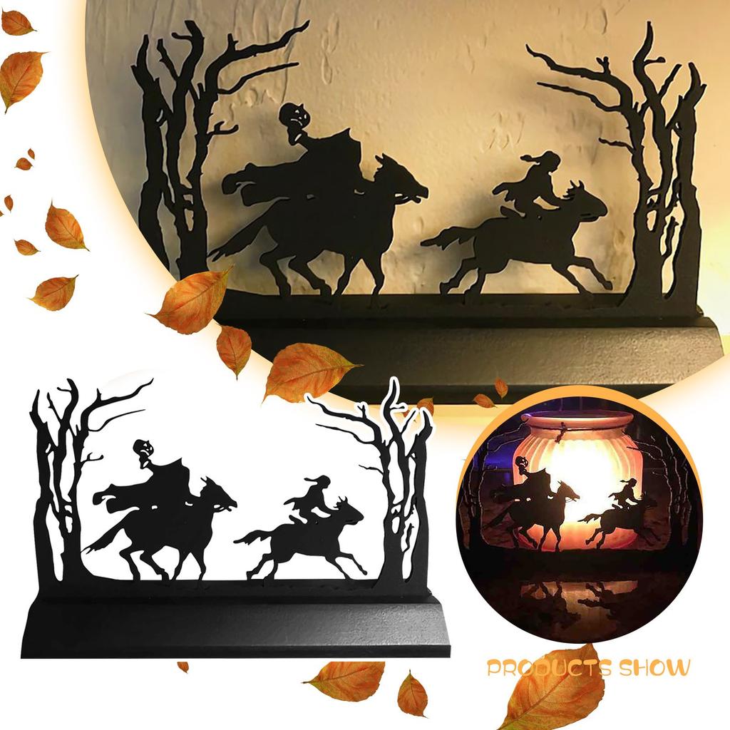 Headless Horseman Scene Standing In Wooden Silhouette, Halloween Decoration