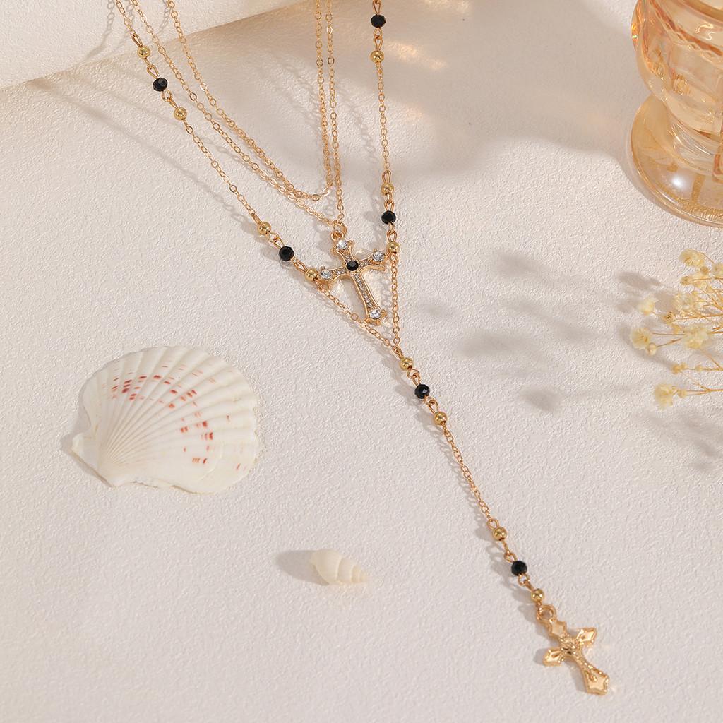 Cross Necklace Multilayer Geometric Pendant With Rhinestones For Women
