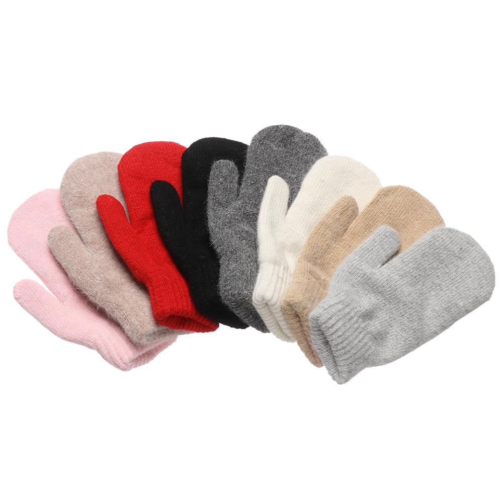 Women Girl Solid Color Soft Winter Gloves Double Layer Rabbit Hair Mittens All Fingers