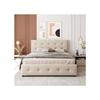 Lit double - MUVOE - 140 x 200 cm - Beige - Rembourré avec tiroirs - Structure en métal