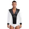 Mens Dance Leotard Glittery Rhinestones V Neck Design Long Sleeve Satin Patchwork Bodysuit
