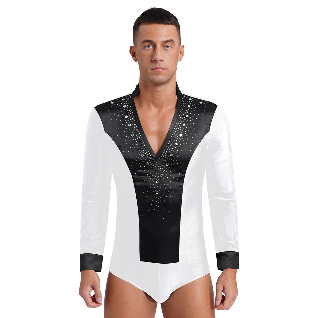 Mens Dance Leotard Glittery Rhinestones V Neck Design Long Sleeve Satin Patchwork Bodysuit
