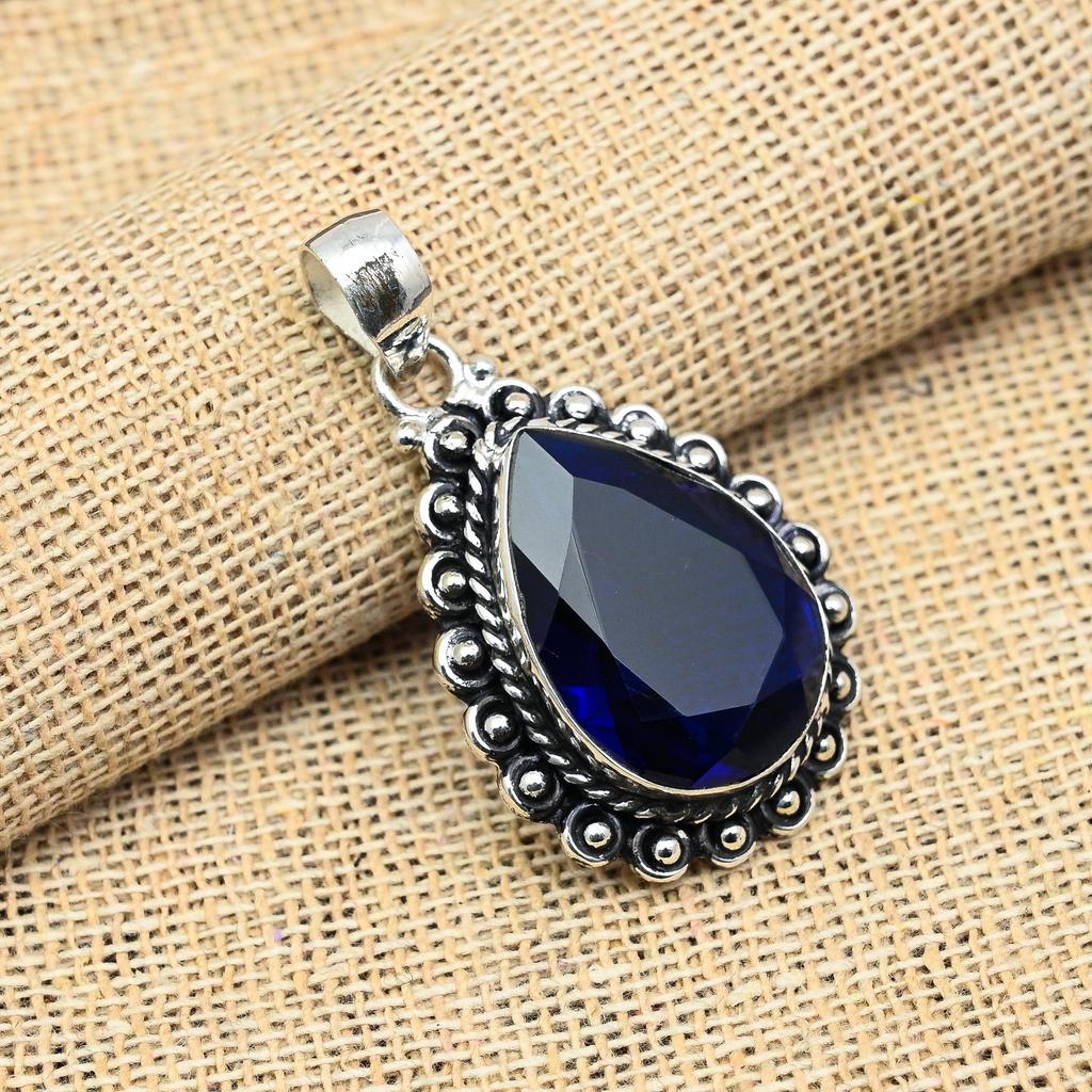 Pretty Blue Sapphire Lab-Created Gemstone Handmade 925 Solid Sterling Silver Jewelry Pendant