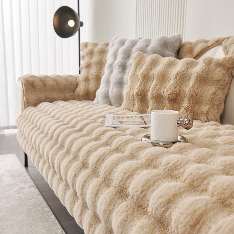 Winter Thickened Rabbit Plush Sofa Cushion Solid Colour Warm Sofa Cover Non-Slip Living Room Decorative Sofa Soft Backrest Towel