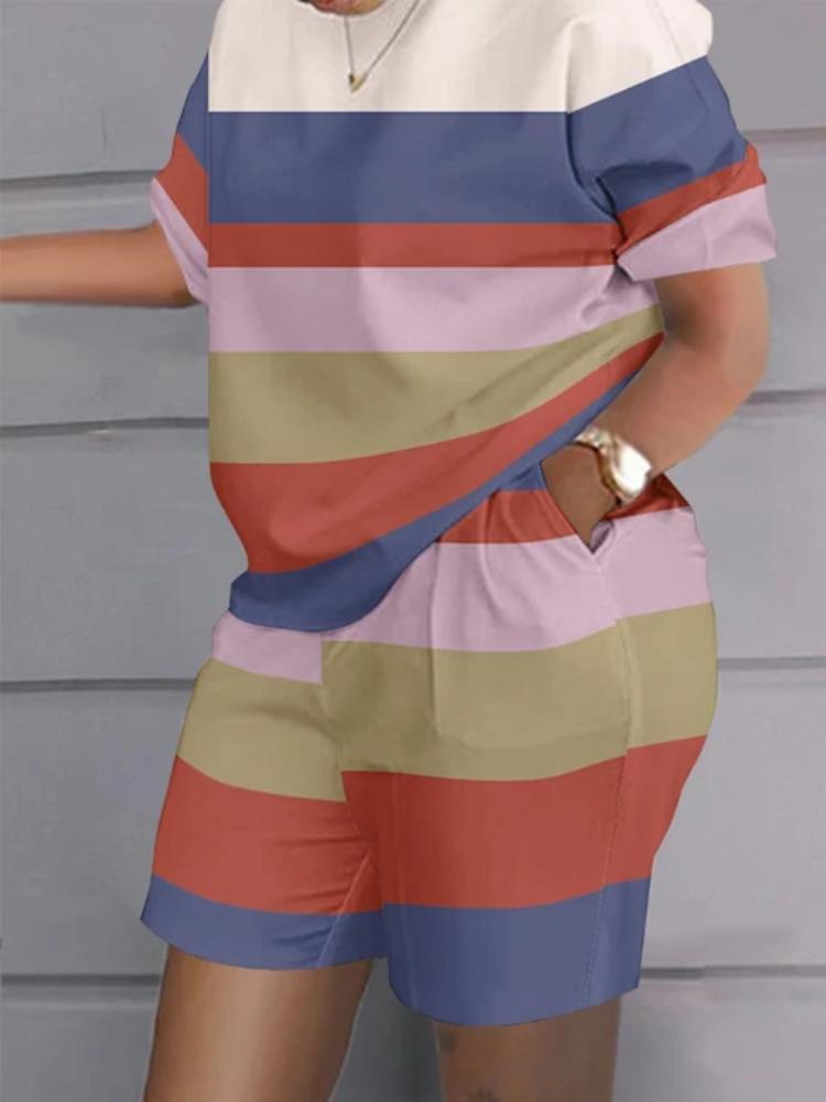 Повседневный топ и шорты, комплекты, повседневная футболка с коротким рукавом, женский летний комплект с градиентом и 3D принтом, карманные шорты, костюм, женская футболка, шорты
