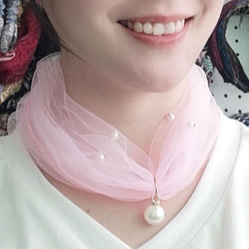 Женский шифоновый воротник с тонким воротником на шею, сетчатый шарф с искусственным жемчугом, маленький шелковый шарф с защитой от УФ-лучей