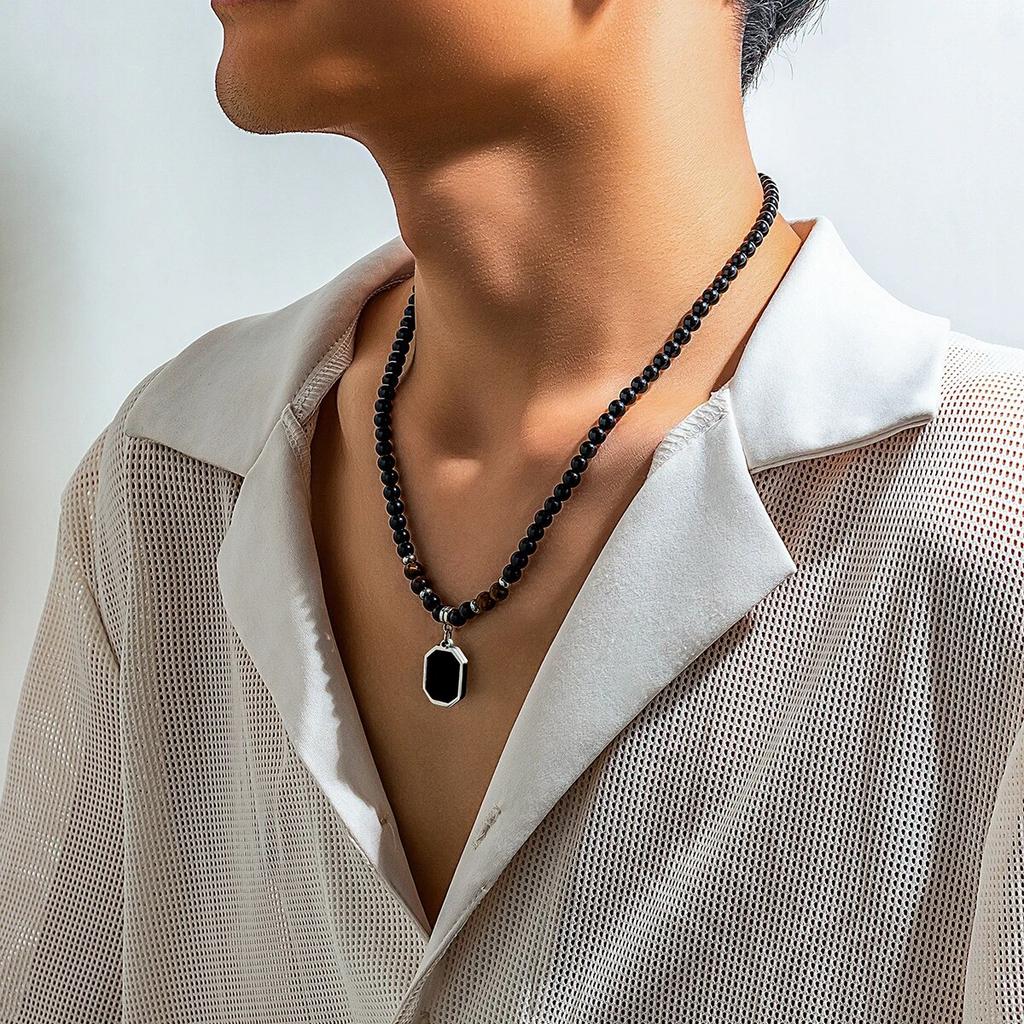Ожерелье с подвеской в стиле хип-хоп для мужчин, черные акриловые бусины из натурального камня, колье для мальчиков, цепочка на шею, ювелирные изделия