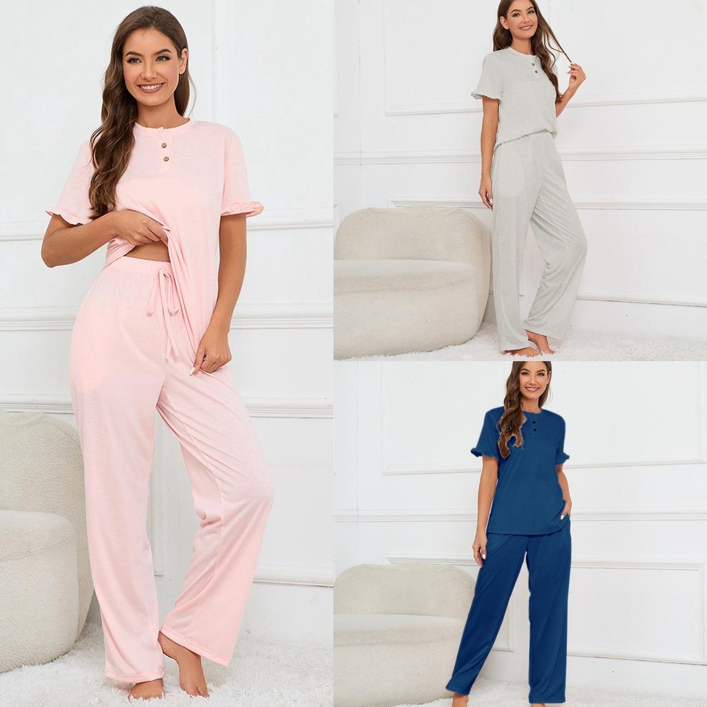 Plus Size Women's New Solid Color V Neck Top Tied Trousers Pajamas Home Suit