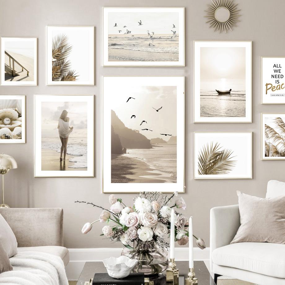 Wall Art Print Sunrise Beach Walk Birds Palm Leaf Reed Boat Pearl Canvas Painting Nordic Poster Decor Pictures For Living Room