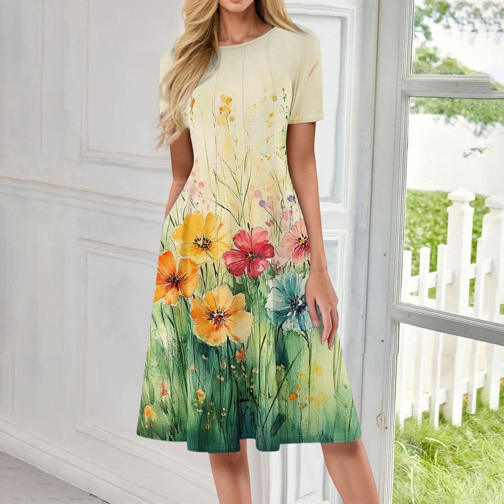 Women's Fashionable Print Round Neck Loose Short Sleeved Pocket Pullover Dress