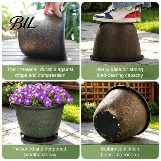Stable Heavy Duty Plant Pots 12 Inch Thickened Flower for Outdoor Indoor, Plastic Leaf-Pattern Texture Large Basin with Saucer Planter Drainage Hole &