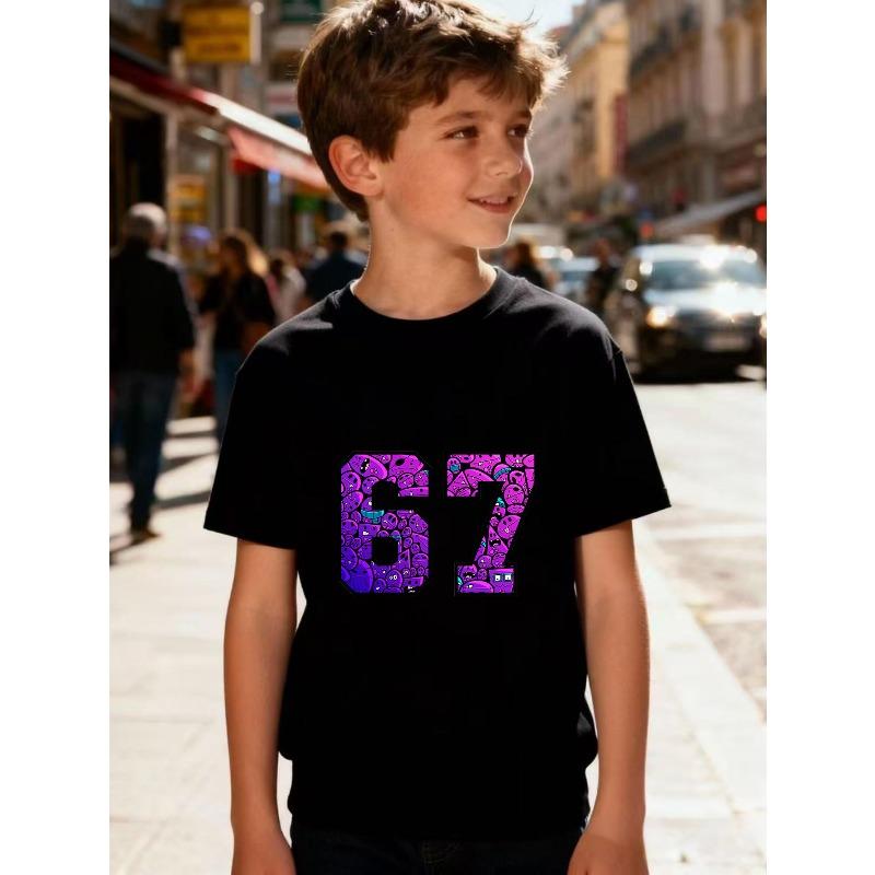 European sizes 1 Boys' Short-Sleeve T-Shirt with Creative Digital 67 Print Design, Suitable for Spring/Summer Casual and Sportswear