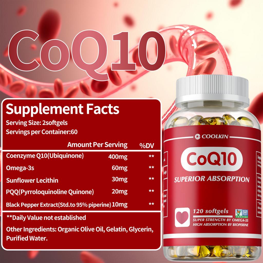 Highly absorbable Coenzyme Q10 supplement, a powerful antioxidant that supports heart health and energy production, and is easily absorbed.