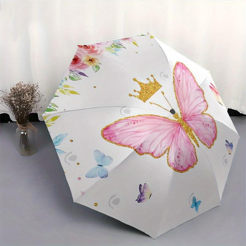 Butterfly Princess Automatic Folding Umbrella 8 Ribs, Durable Iron Frame, Bright Color Pattern Compact Travel Umbrella, Suitable for Outdoo