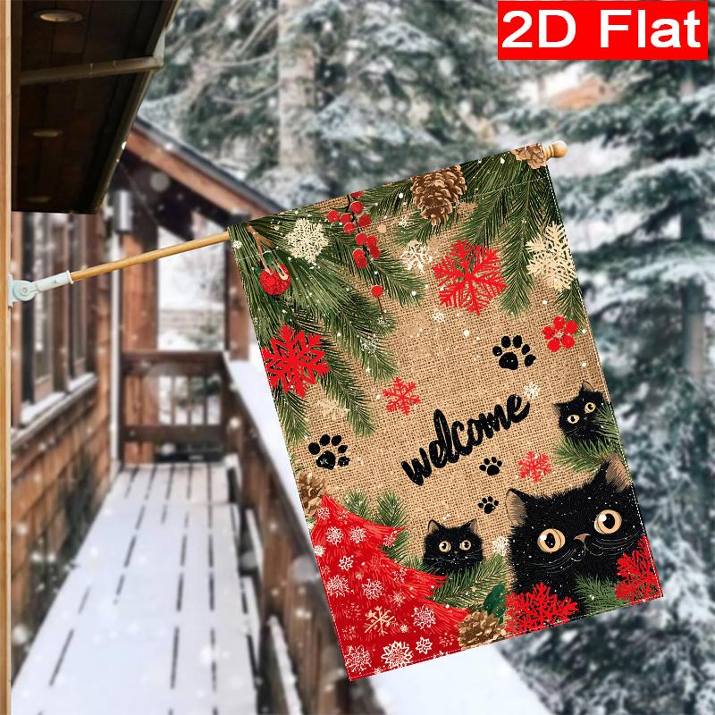 Gd-Dq09050049-1pc Christmas Winter Black Cat Christmas Tree Welcome Garden Flag_1-28X40 Inch Outdoor Flag, Double-Sided Home Decor for Courtyard And L