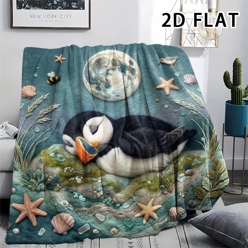 1Pc 2D FLAT Realistic Puffin Print Flannel Blanket,High quality Comfortable for All Seasons,Home Decor,Warmth and Comfort,Perfect for Christmas Gifts