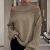 Women Fall Winter Sweater Off Shoulder Long Sleeve Half-high Collar Hollow Out Solid Color Loose Knitted Pullover Elastic Soft Warm Lady Top