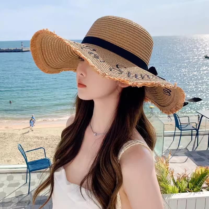 Straw Hat Women'S Summer Sun Protection Extra Large Brim Sun Hat Beach Seaside Vacation Sun Hat Foldable Hat Tide